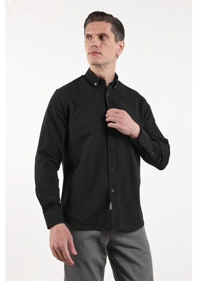 İmza Siyah Oxford Düğmeli Yaka Uzun Kol Cepsiz Slim Fit Pamuklu Gömlek 1004260182