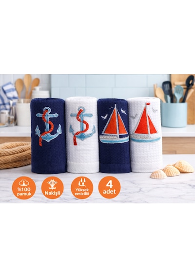 Özdilek Deniz Temalı 4 Lü Nakışlı Mutfak & El Havlusu Seti 40x60 Cm %100 Pamuk Ultra Yumuşak, Yüksek Emicilik, Şık Hediye Kutulu 4 Renk