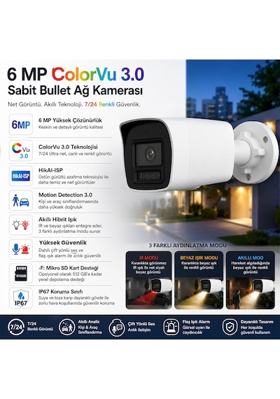Provzen Hikvision 1 Kameralı 6mp Ip Colorvu 3.0 Güvenlik Sistemi Aı İnsan Araç Algılama Çift Yönlü Ses Ve Işıklı Alarm