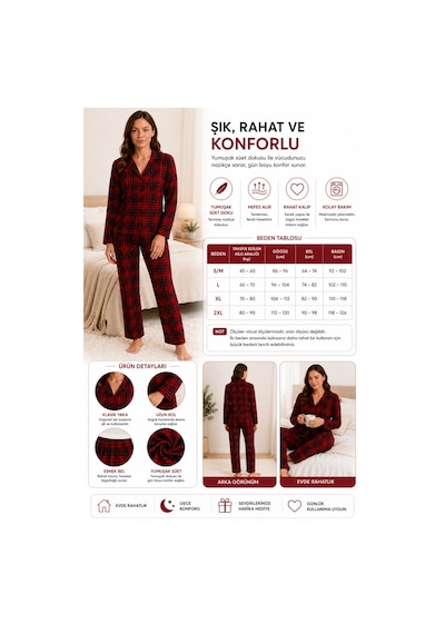 Westicgiyim Kadın Süet Pijama Takımı Kırmızı Ekose Desenli Uzun Kollu Düğmeli Yumuşak Dokulu Kışlık S/m-2xl