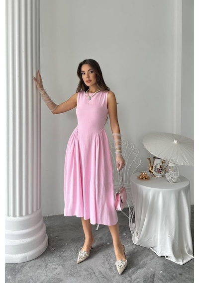 Etiler Collection Pembe Yanları Büzgülü Midi Boy Keten Elbise Pembe