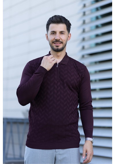 Hk Premium Erkek Triko Kazak Zikzak Desenli Polo Yaka Fermuarlı Slim Fit Bordo