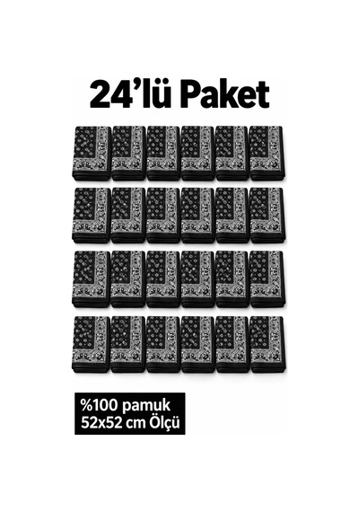 Herşeynota 24 Lü Siyah Beyaz Paisley Desenli Fular Seti %100 Pamuk 52x52 Cm Etkinlik Günlük Kullanım Çok Renkli