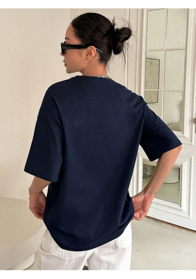 Unisex Pamuklu Happiness Ön Baskılı Tasarım Tshirt Lacivert