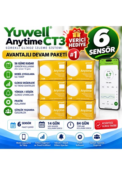 Yuwell Şeker Ölçüm Sensörü Sürekli Glikoz İzleme Sistemi Anytime 6 Sensör + 1 Verici