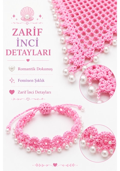 Kadın El Örgüsü Üçgen Bandana Halhal Ayak Bilekliği Hediyeli Bohem Yazlık Saç Bandanası Plaj Tatil Festival Aksesuarı Pembe