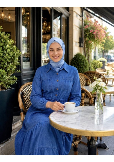 Hb Harma Time Butik Kadın Düğmeli Cepli Bağcıklı Tensel Kumaş Koyu Mavi Kot Elbise