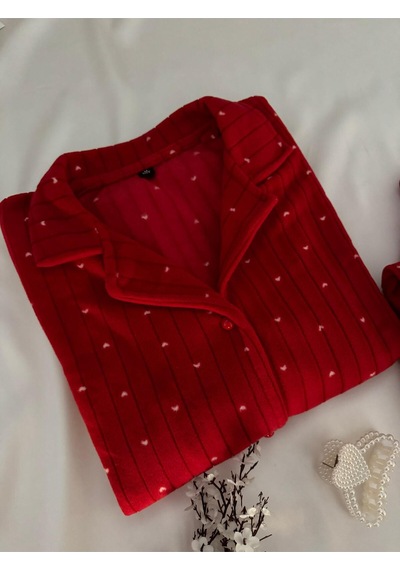 Mh Moony Homewears 2'li Kırmızı Kalpli Kışlık Termal Polar Sevgililer Günü Hediyesi Pijama Takımı Kırmızı