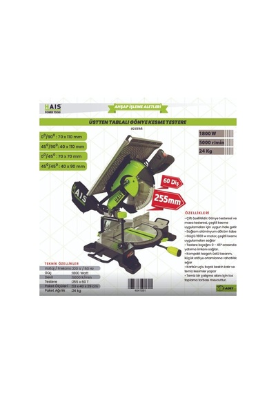 Gönye Kesme Testere Üst.tablalı 255mm 92559a Hais