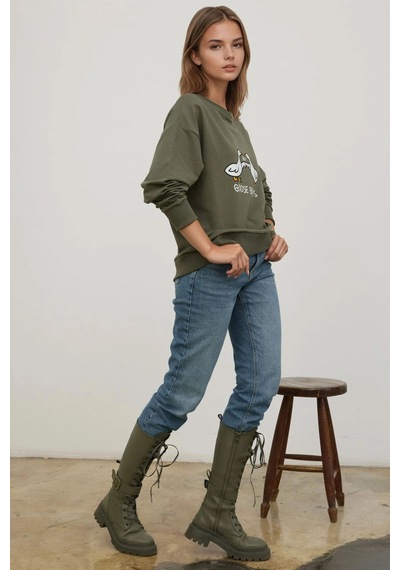 Hiccup Baskılı Yuvarlak Yaka Rahat Kesim Sweatshirt Haki