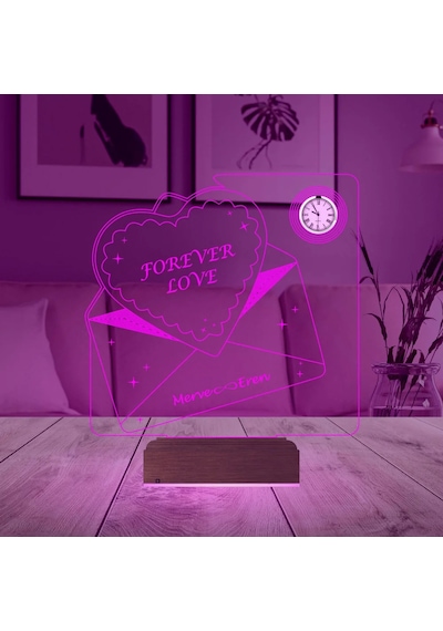 Luvivia Kalp Forever Love Sevgiliye Hediye Zarf Mesajlı Kişiye Özel Metal Saatli 3d Lamba - Masa Gece Lambası