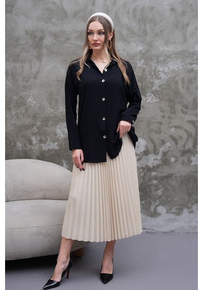Polologin Butik Düğmeli Klasik Siyah Gömlek Tunik Siyah