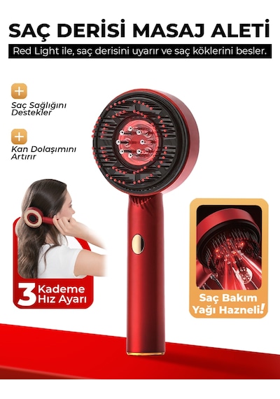 7go 7gmg8 Led Işıklı Saç Derisi Masaj Aleti & Yağ Uygulamalı Şarjlı Head Massage Gun Kırmızı