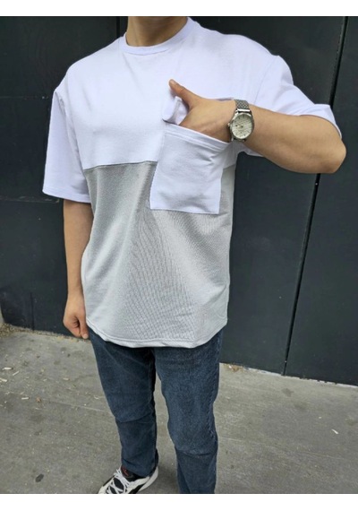 Erkek Kısa Kol Yazlık Tişört Torba Cepli Parçalı T-shirt - Gri