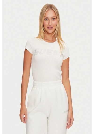 Guess Kadın Beyaz Logolu T-shirt Krem