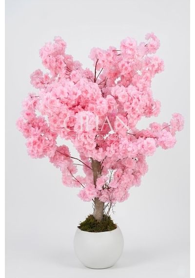 27 33 Küre Saksılı Yapay Pembe Bahar Dalı Ağacı 120 Cm Beyaz