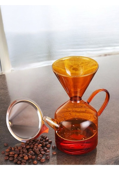 Borosilikat Amber Cam Kahve Demlik Metal Süzgeçli - Filtre Kahve Demliği Şeffaf