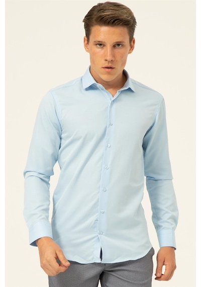 Süvari Buz Mavi Slim Fit Armürlü Klasik Yaka Gömlek Buz Mavi