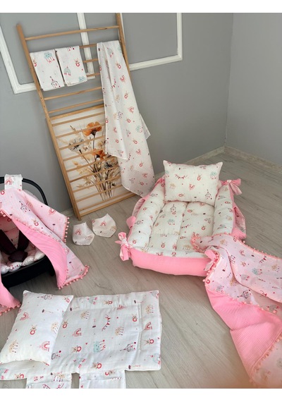 14 Parça Çift Katlı Pembe Bulut Müslin Bir Tarafı Pembe Pike Set