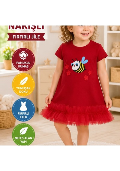 Candar Arıcık Nakışlı Fırfırlı Jile Kız Çocuk Elbisesi 1-2-3 Yaş Kırmızı