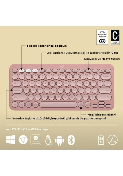 Logitech K380s Pebble Keys 2 Çoklu Cihaz Özellikli Bluetooth Türkçe Q Klavye - Pembe