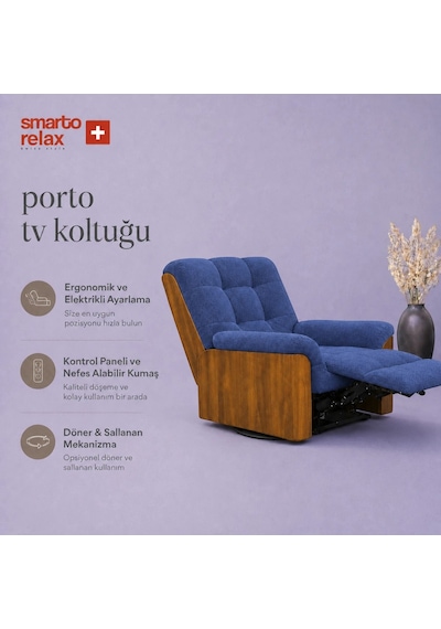 Smarto Relax Porto Tv Koltuğu Ahşap Yan Panelli Döner Ve Elektrikli Döner Sallanan Kontrollü Nefes Alabilir Kumaş Baba Koltuğu Mavi