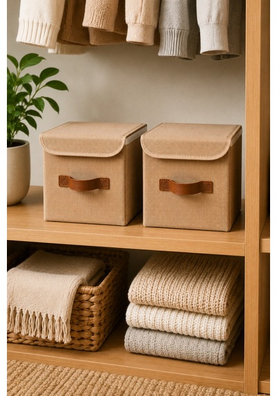 2li Kapaklı Jüt Organizer Kutu Seti 20x20x20 Cm Katlanabilir Düzenleme Kutusu Organizer Seti Dolap, Raf Ve Banyo Düzeni İçin Doğal