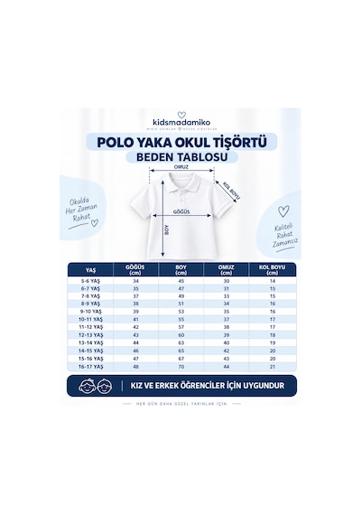 Kidsmadamiko Erkek Çocuk Kısa Kollu Okul Polo Yaka T-shirt 5-17 Yaş Bedenler Yaşlarla BEYAZ
