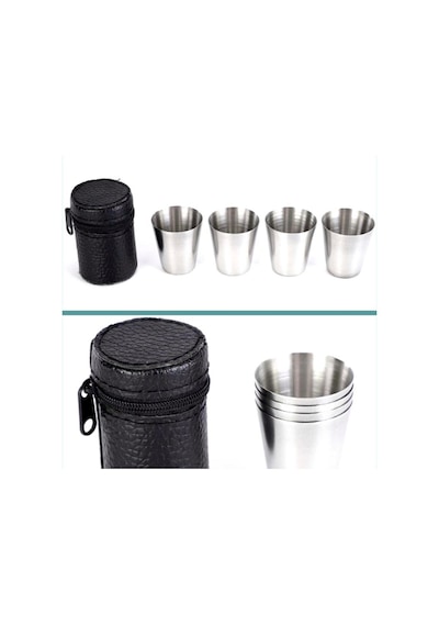 Omeniv Çelik 4 Bardak Shot Set Viski Şarap Votka Kamp Outdoor Gri