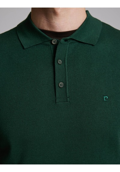 Pierre Cardin Koyu Yeşil Slim Fit Düğmeli Polo Yaka Basic Triko Kazak 50333894-vr079