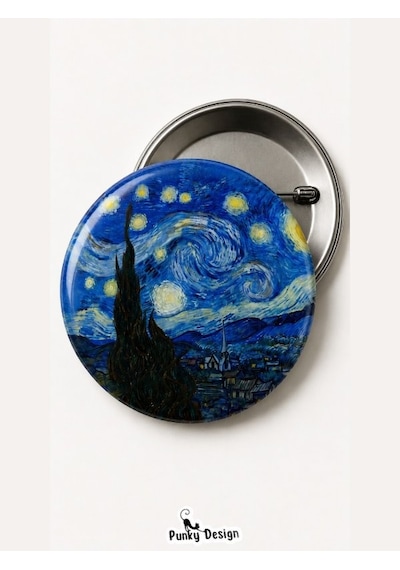 Yıldızlı Gece Rozet Kartlı Van Gogh Temalı Sanat Rozeti Vintage Broş Pin-44 Mm Çok Renkli
