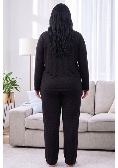Siyah İnci Siyah Desenli Termal Kumaşlı Ultra Soft Yumuşak Büyük Beden Battal Boy Düğmeli Örme Pijama Takımı