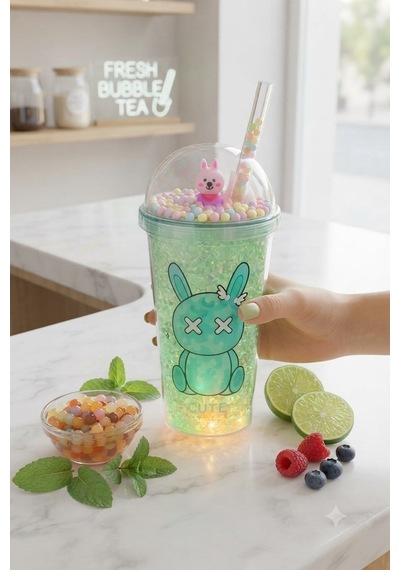 Çift Katlı İçecek Bardağı Led Işıklı Pipetli Kawaii Chibi Sevimli Tavşan Figürlü Suluk 450 Ml Yeşil