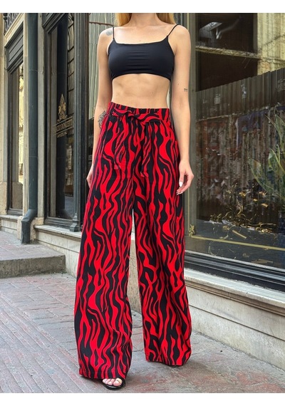 Mamayaga Kadın Yüksek Bel Kuşaklı Desenli %100 Viscose Pamuk Geniş Paça Şık Casual Büyük Beden Curve Pantolon Kırmızı