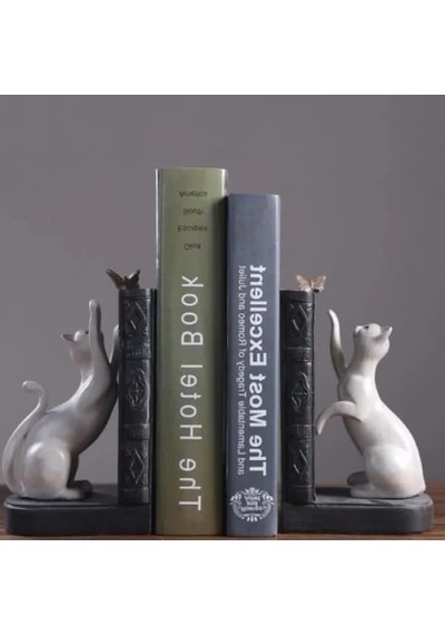 Dekoratif Kedi Figürlü İkili Kitap Tutucu Beyaz Renk