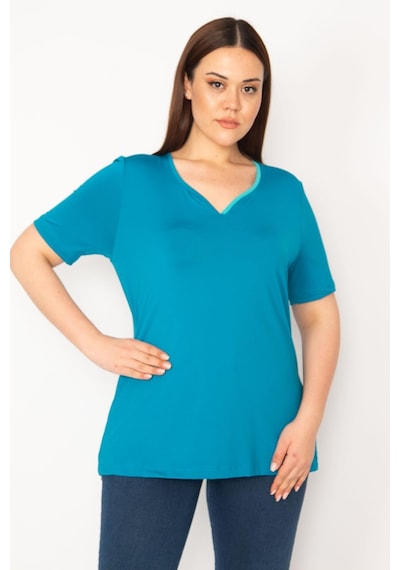Şans Kadın Büyük Beden Tek Yaka Biyeli Spor Bluz 65n35619-yeşil Yeşil