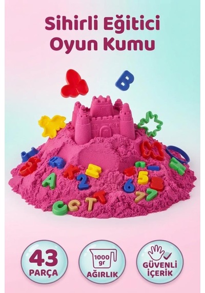 Sihirli Eğitici Oyun Kumu 1000 Gr 43 Parça Kinetik Kum Seti Alfabe Ve Sayı 3d Kalıplı Çocuk Oyuncağı Pembe