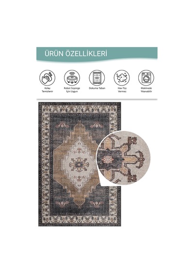 Artloop Stonart Klasik Eskitme Vintage Desenli Otantik Yıkanabilir Kahverengi/siyah Şönil Halı Al 438 Kahverengi-siyah