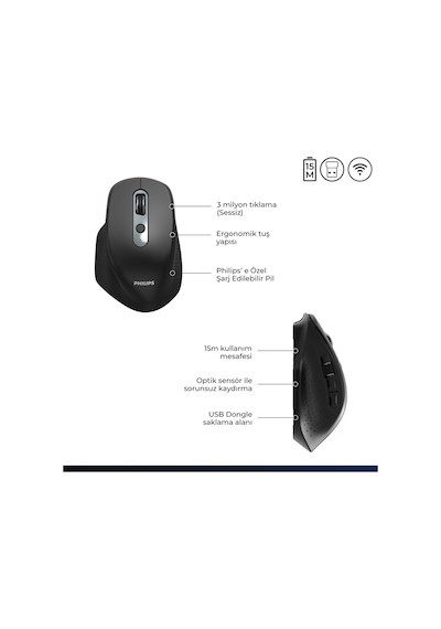 Philips SPK7818 3200 DPI 8 Tuşlu Dual Mod Bluetooth ve 2.4G Kablosuz Ergonomik Sessiz Mouse