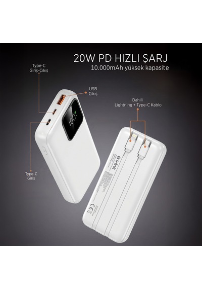 S-link Ip-g16l 10000mah Pd20w Type-c+lightning Kablolu Beyaz Lcd Taşınabilir Pil Şarj Cihazı Powerbank