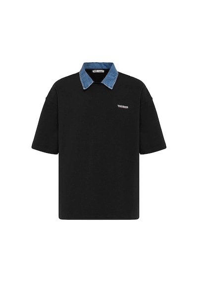 Polo Yaka Yazı Detaylı Oversize Tişört Siyah