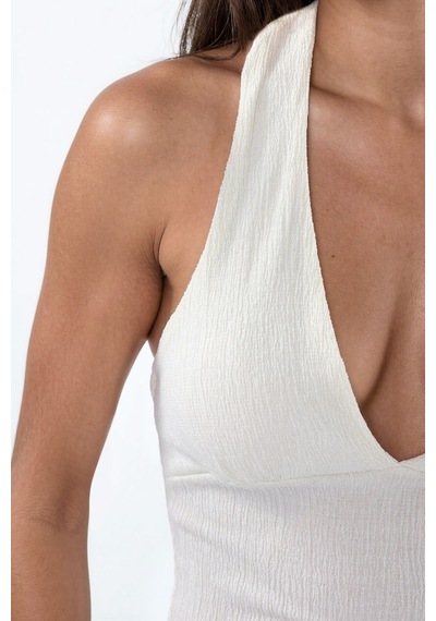 Hiccup Busem Kesik Detaylı Dar Kesim Halter Crop Bluz Beyaz