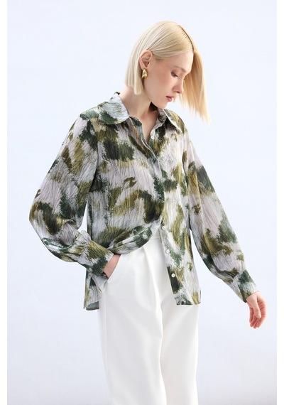 Sateen Desenli Gömlek - Haki-136913 haki