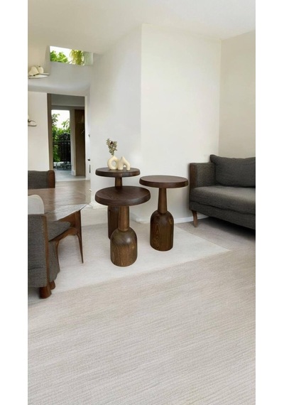 Wood Ahşap 3 Lü Set Mantar Yan Sehpa Konik Model / Ceviz Renk / Zigon Sehpa Kahverengi
