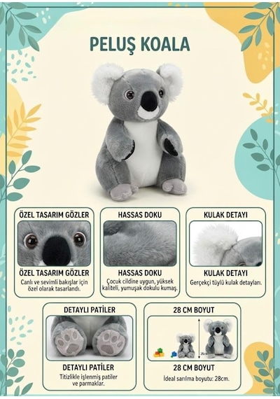 Peluş Koala 28 Cm Sevimli Konforlu: Peluş Uyku Yastığı Ve Sarılma Arkadaşı Dekoratif Oyuncak Gri
