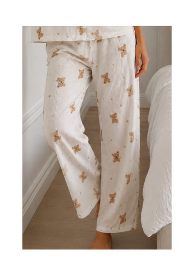 Fit Women Kadın Loose Kalıp Pamuklu Kırık Beyaz Pijama Takımı