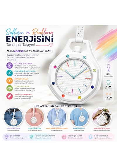 Piyatech Renkli Detaylı Askılı Cep Saati Hemşire Saati Çanta Ve Pantolon Aksesuarı Anahtarlık Unisex Sekizgen Saat Beyaz