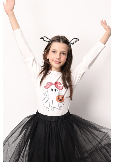 Le Mabelle Beyaz Sevimli Hayalet Baskılı Uzun Kollu Halloween Kız Çocuk Tişört Beyaz