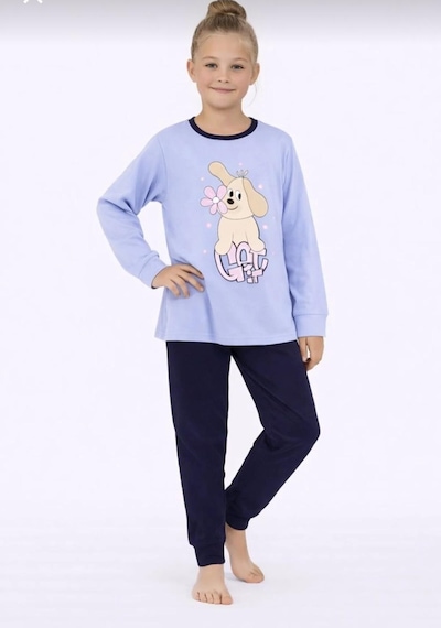 Kız Çocuk Baskılı Uzun Kollu Pijama Takımı Sevimli Ev Giyimi-8408- Mavı