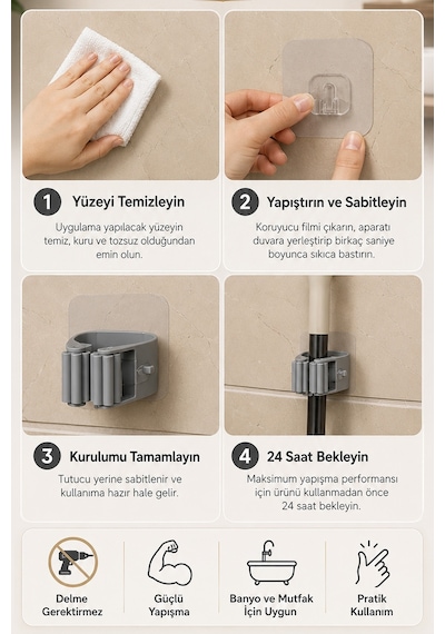 Yapışkanlı Mop Askısı Süpürge Paspas Tutucu Duvar Organizer Düzenleyici Banyo 6 cm